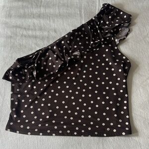 Express NWT Brown and White Polka Dot One Shoulder Ruffle Crop Top Size M